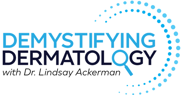 Logo for 'DERM DETECTIVE: Demystifying Dermatology with Dr. Lindsay Ackerman,'with a magnifying glass over the 'O' in 'DETECTIVE'.